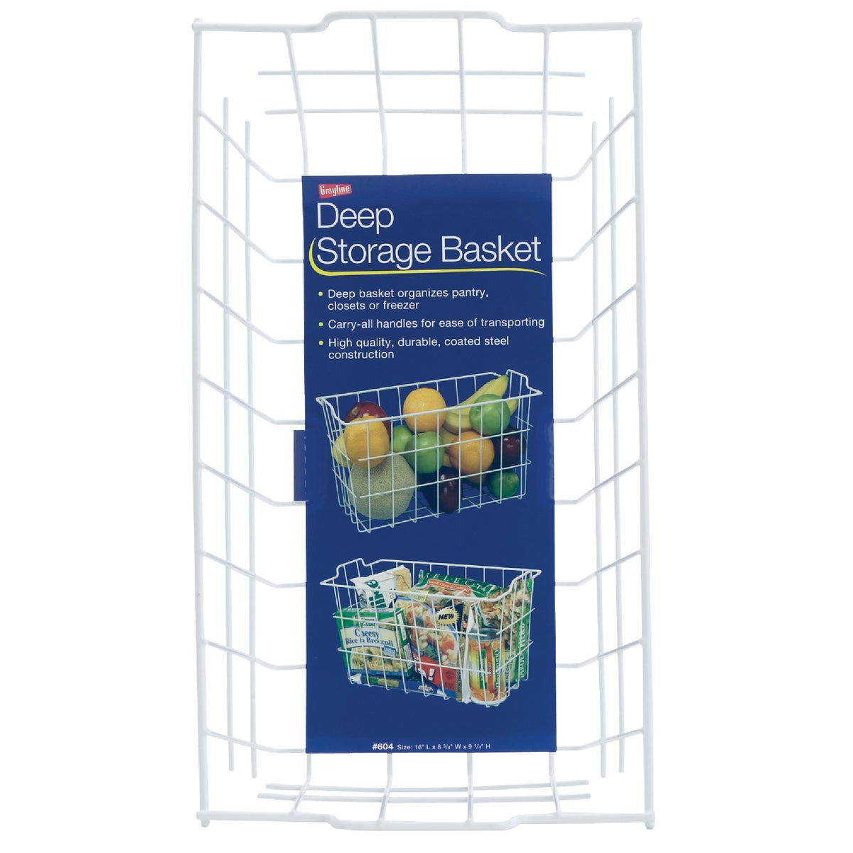Item 606960, Sturdy wire with white vinyl coating. Use in pantry, closets, and freezer.