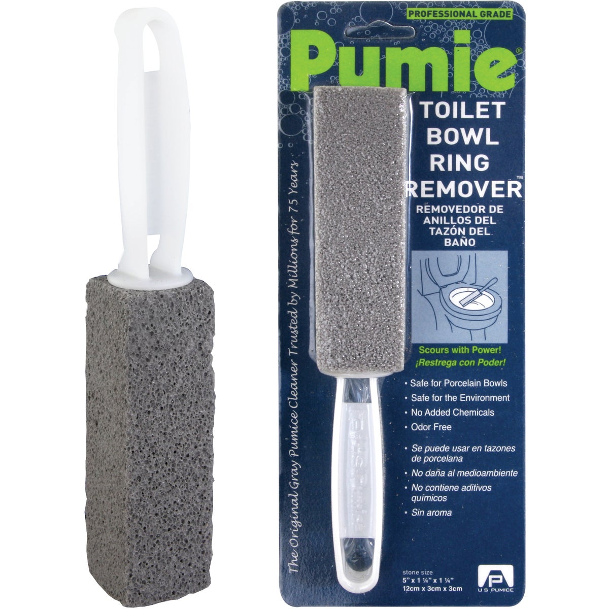 Item 615714, Pumie Toilet Bowl Ring Remover cleans through gentle abrasive action.