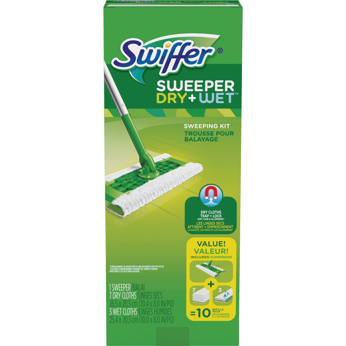 Item 615917, Kit contains: 1 sweeper with mop handle, 7 disposable unscented dry 