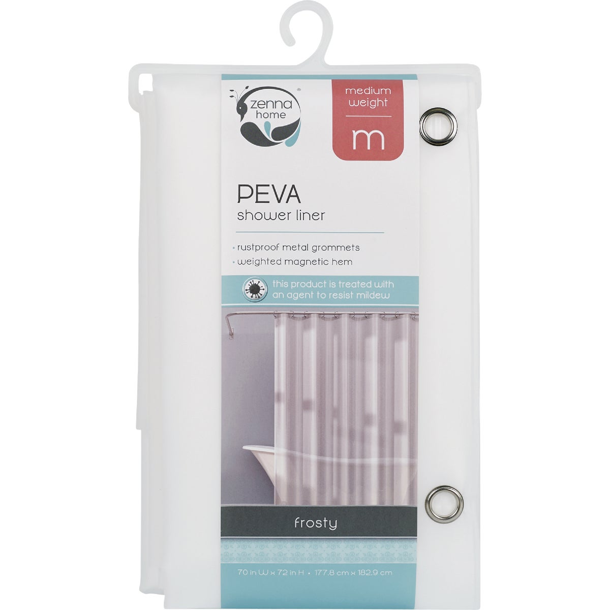 Item 616958, Medium weight PEVA shower curtain line features metal grommets for secure 