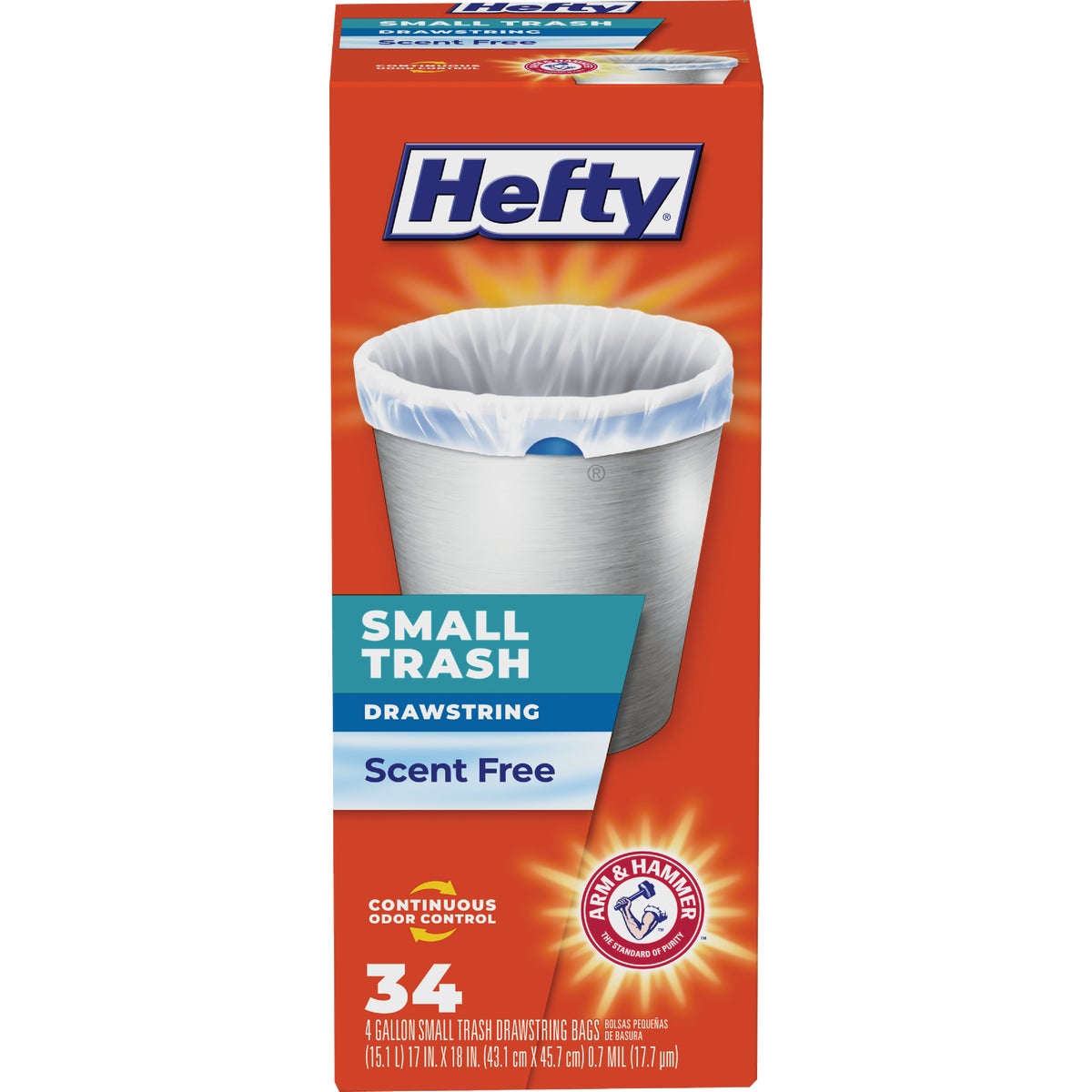 Item 617229, All purpose 4 gallon drawstring trash bags with Arm and Hammer Odor 