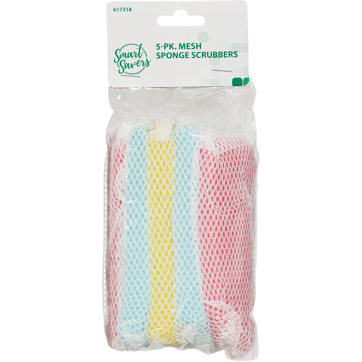 Item 617318, Smart Savers 5-piece sponge scrubbers with mesh cover.