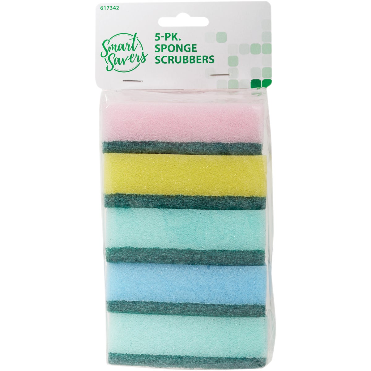 Item 617342, Smart Savers 5-piece sponge scrubbers is ideal for general cleaning.