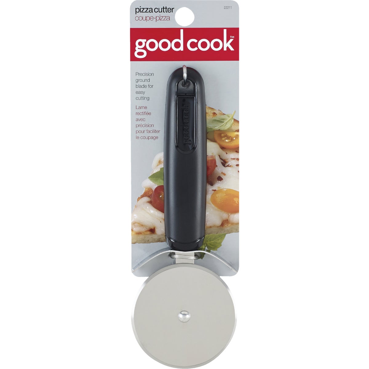 Item 620298, Stainless steel pizza cutter with black plastic handle.