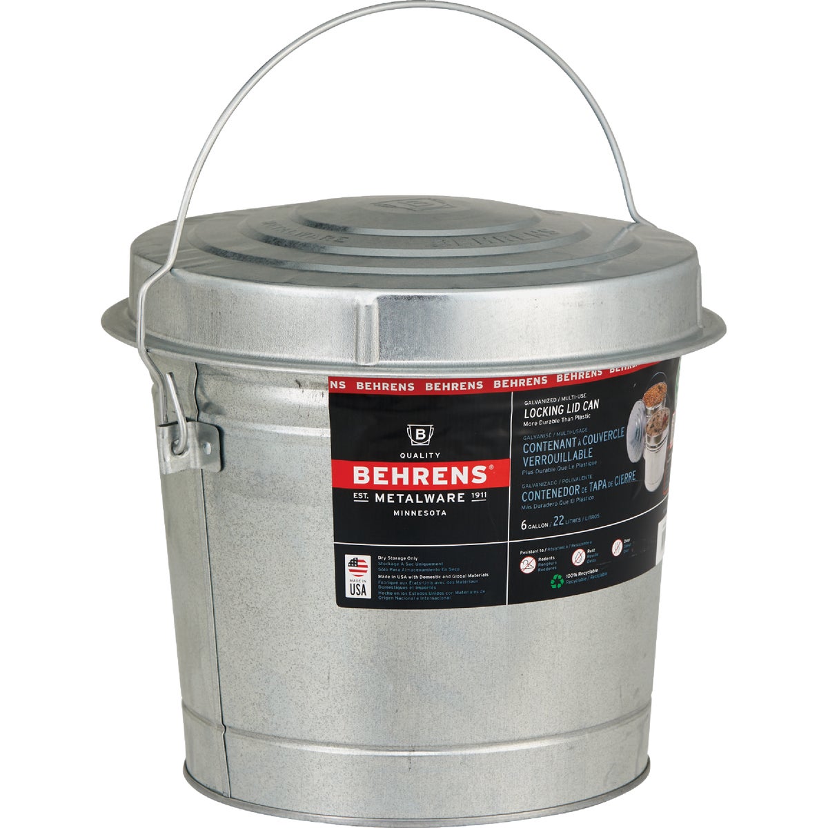 Item 624694, Features an offset bottom to keep the can off the ground, a durable wire 