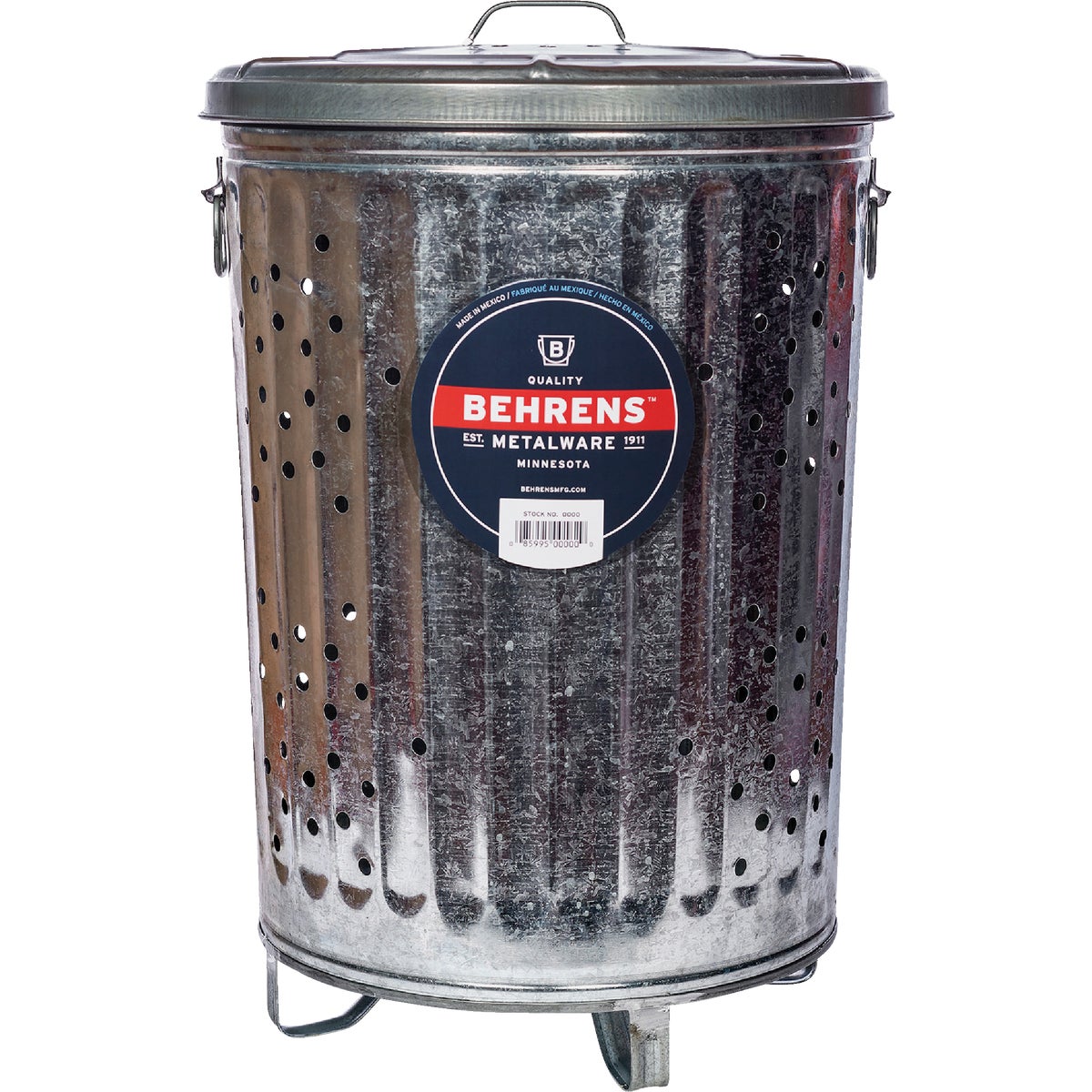 Item 625390, 20 gallon galvanized steel trash burner/composter with lid.