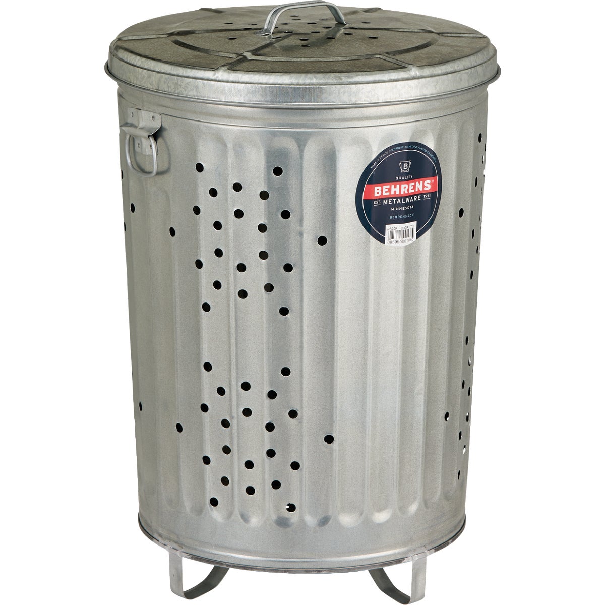 Item 625390, 20 gallon galvanized steel trash burner/composter with lid.