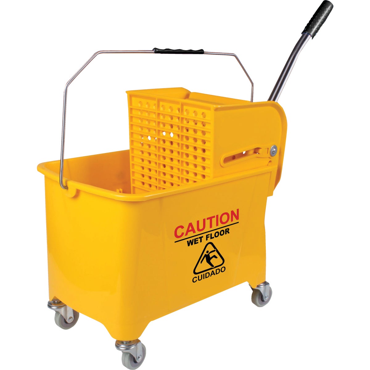 Item 627070, 21-quart, corrosion resistant, yellow compact mopping bucket with wringer.