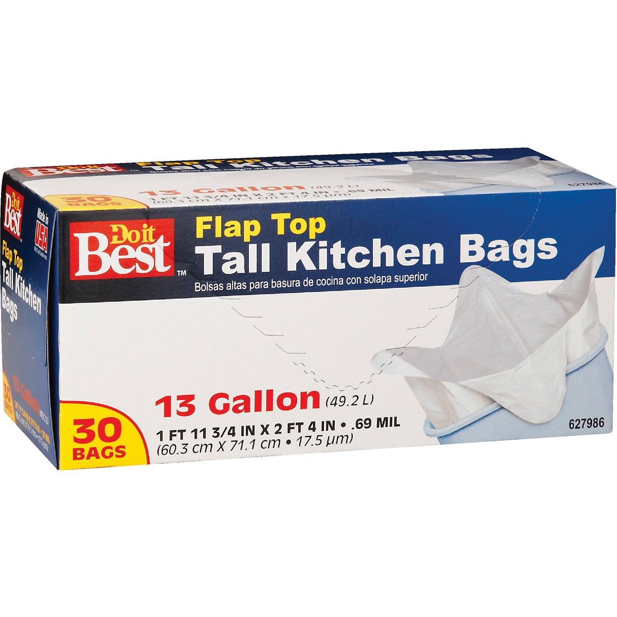 Item 627986, Tall kitchen trash bag fits perfectly into a 13 Gal. trash can.