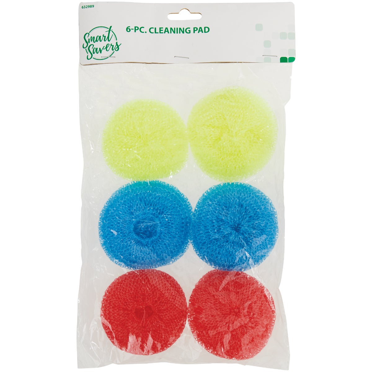 Item 632989, Smart Savers 6-piece cleaning scour pads. Ideal to remove stuck-on foods.