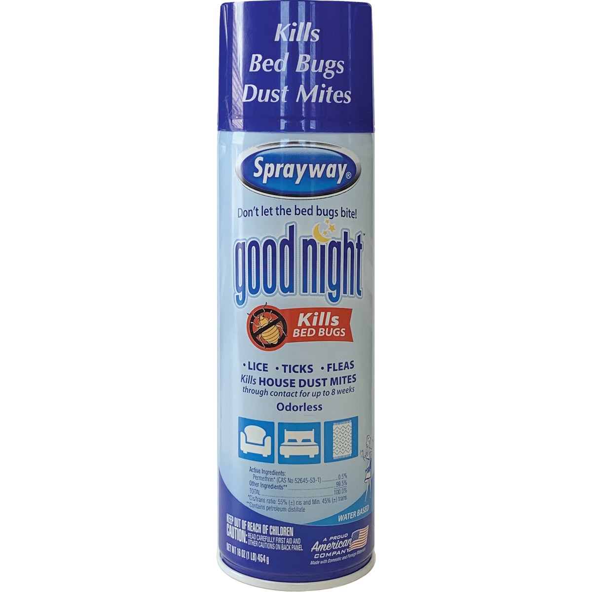 Item 633381, Aerosol spray ideal to kill lice, ticks, fleas, dust mites, and bedbugs.