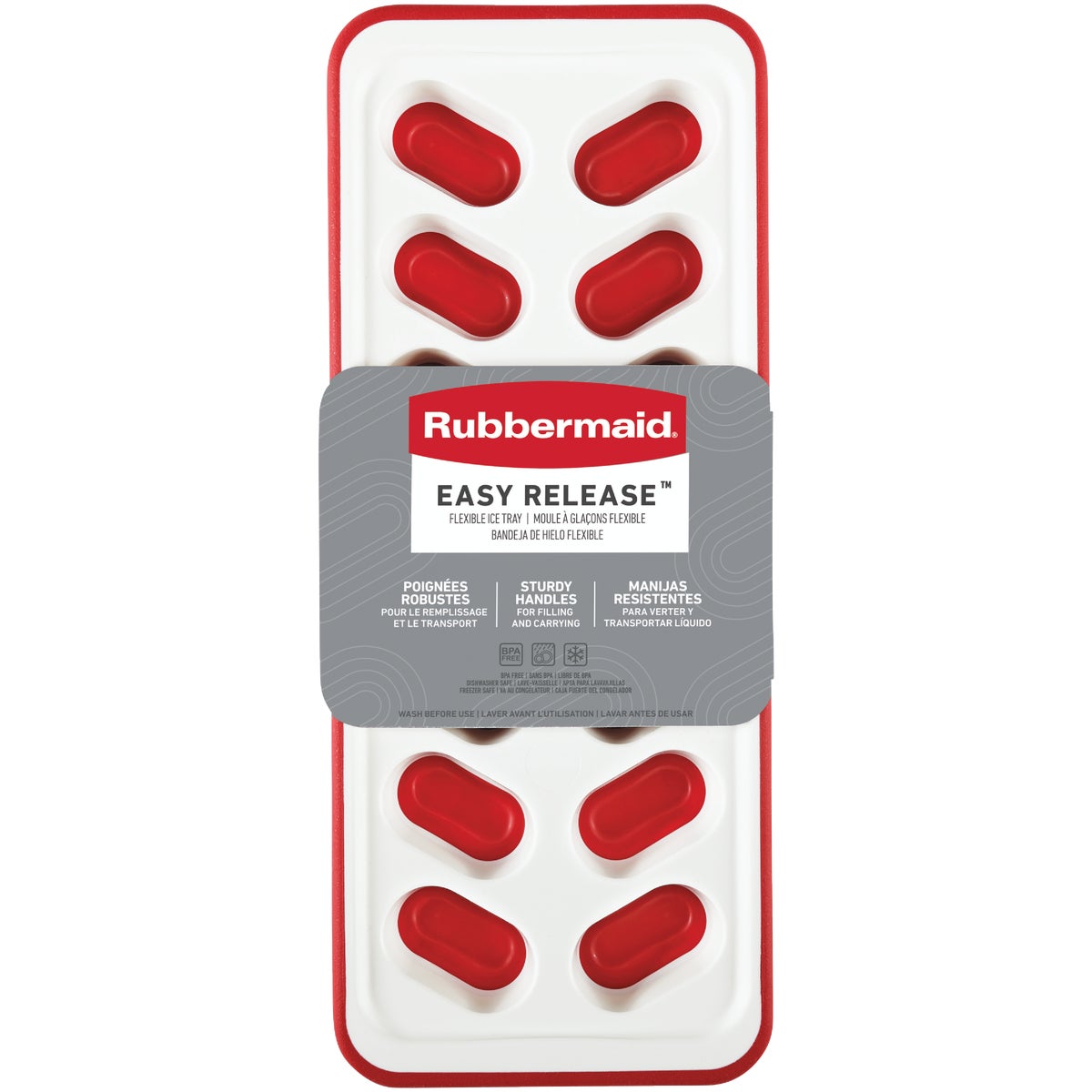 Item 633853, Rubbermaid Easy Release flexible ice cube trays are designed with a soft, 