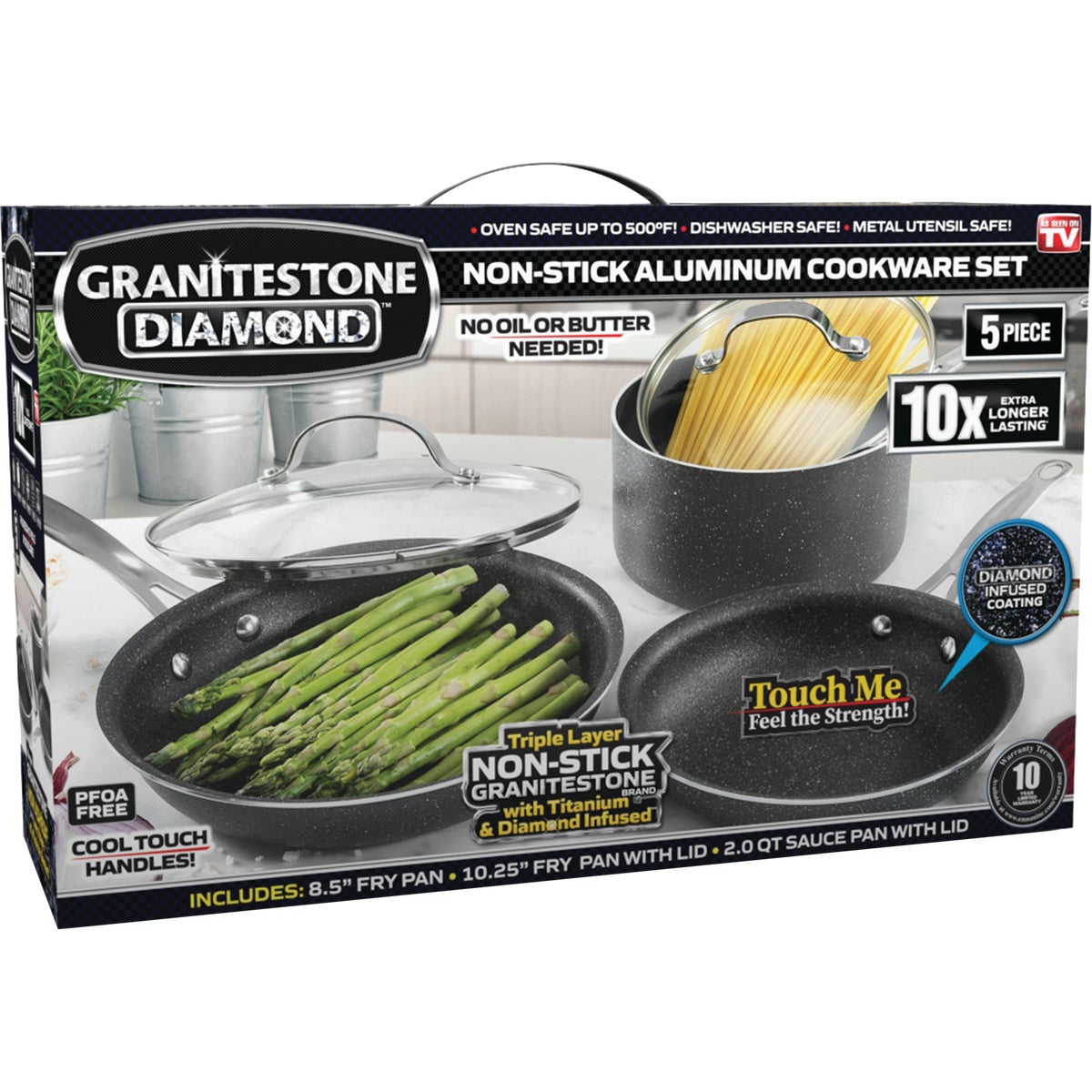 Item 636050, GraniteStone cookware set has a titanium non-stick coating that provides 