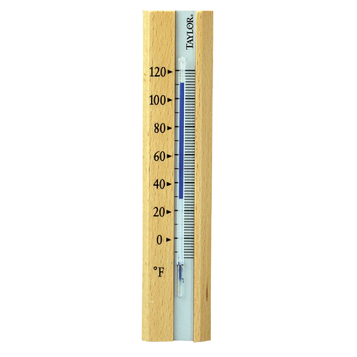 Item 639599, Neutral natural stain on all-wood thermometer. Aluminum insert.