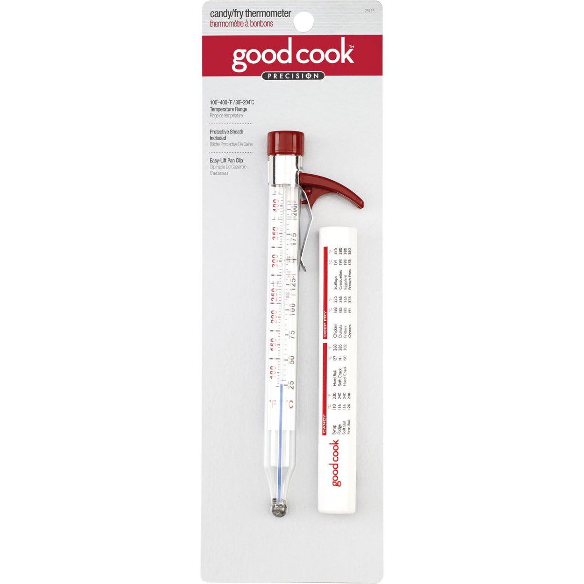 Item 644875, Candy/deep fry thermometer has an easy-lift pan clip and protective sheath