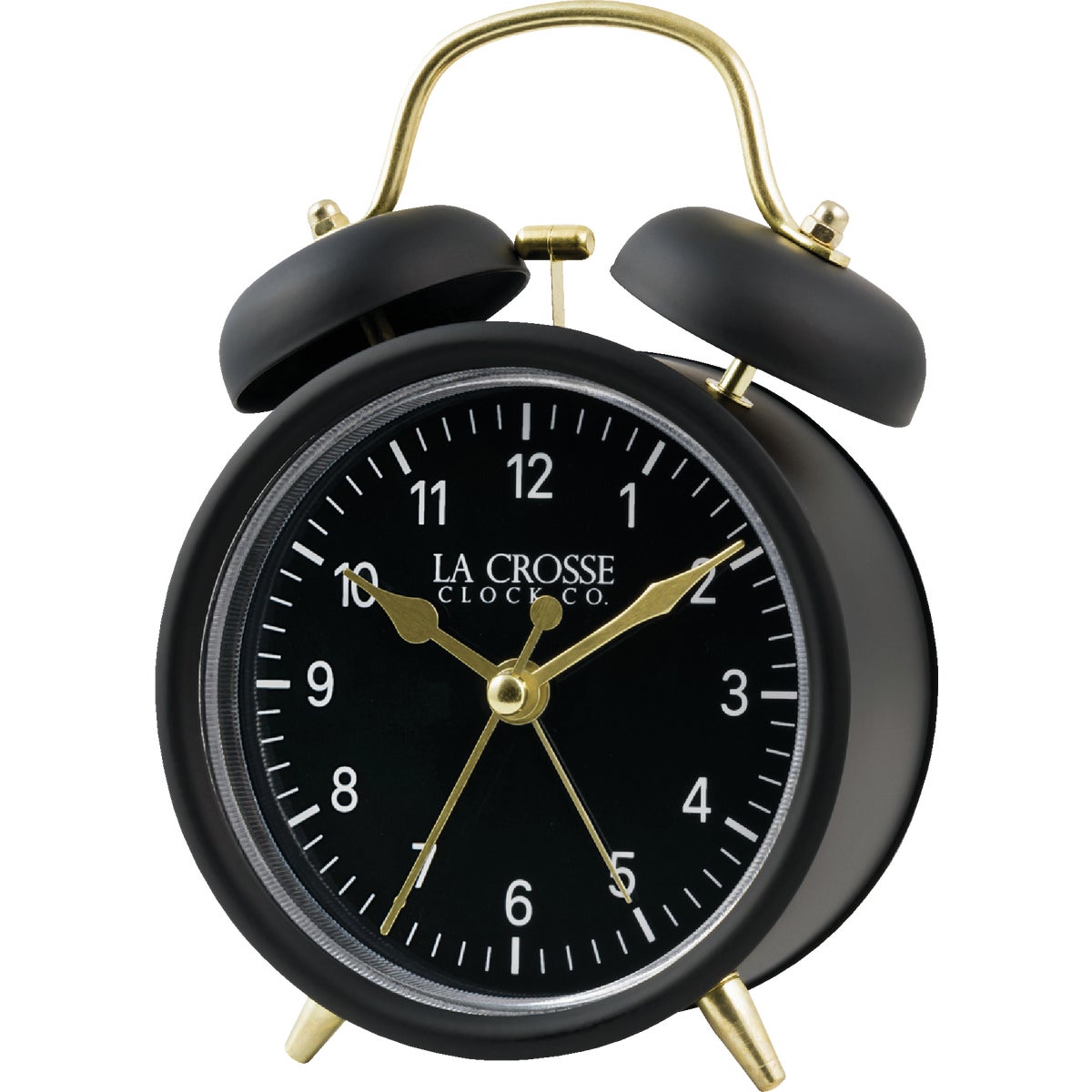 Item 663484, La Crosse Clock Co. Black Twin Bell Alarm Clock.