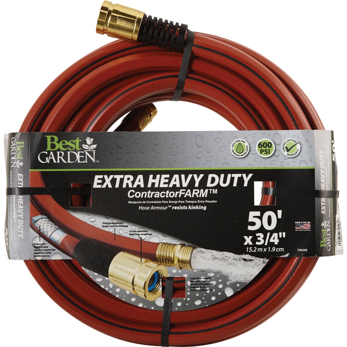 Item 700359, Contractor hose. Features polyester dual weave reinforcement.