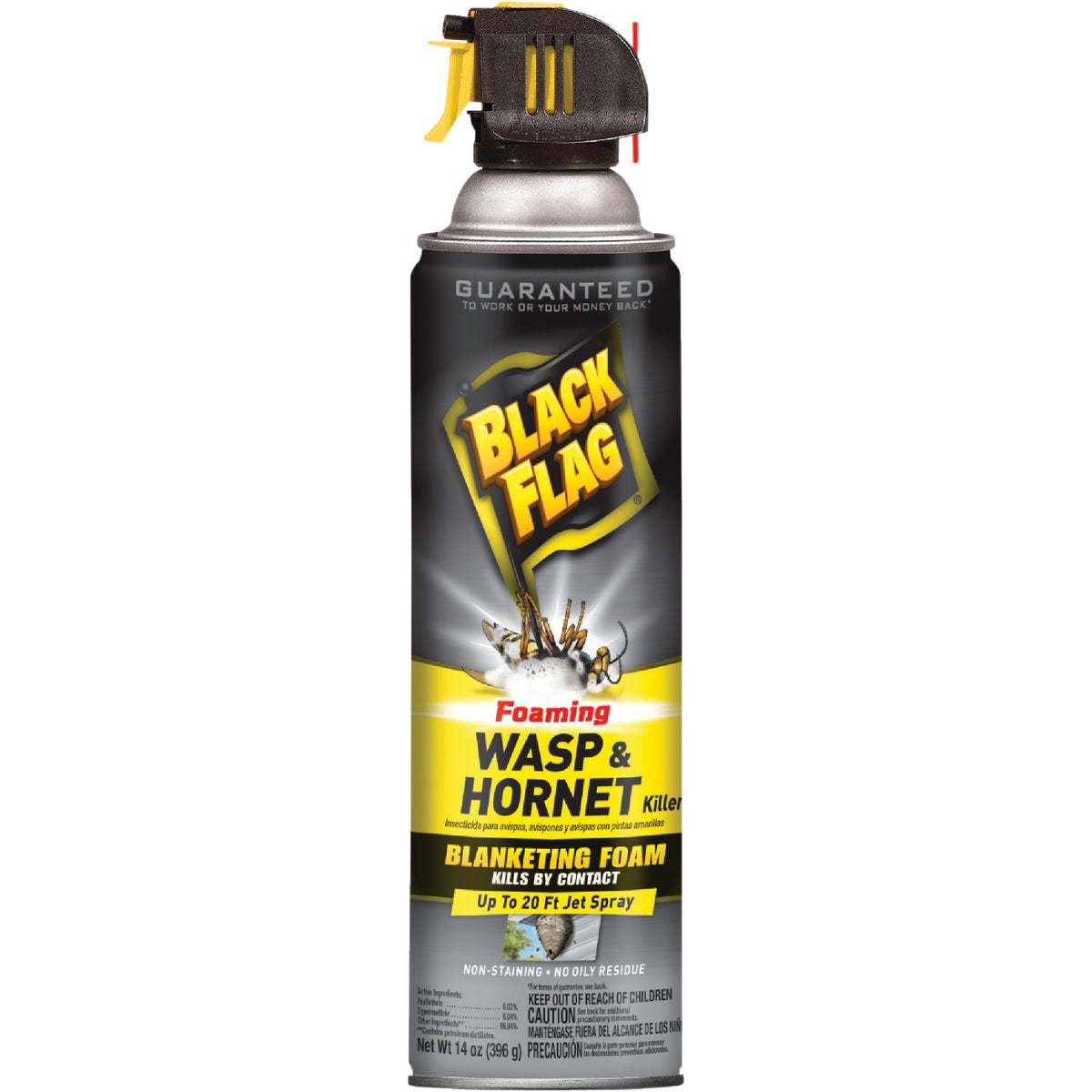 Item 700406, Black Flag blanketing foam spray covers the entire hive or nest.