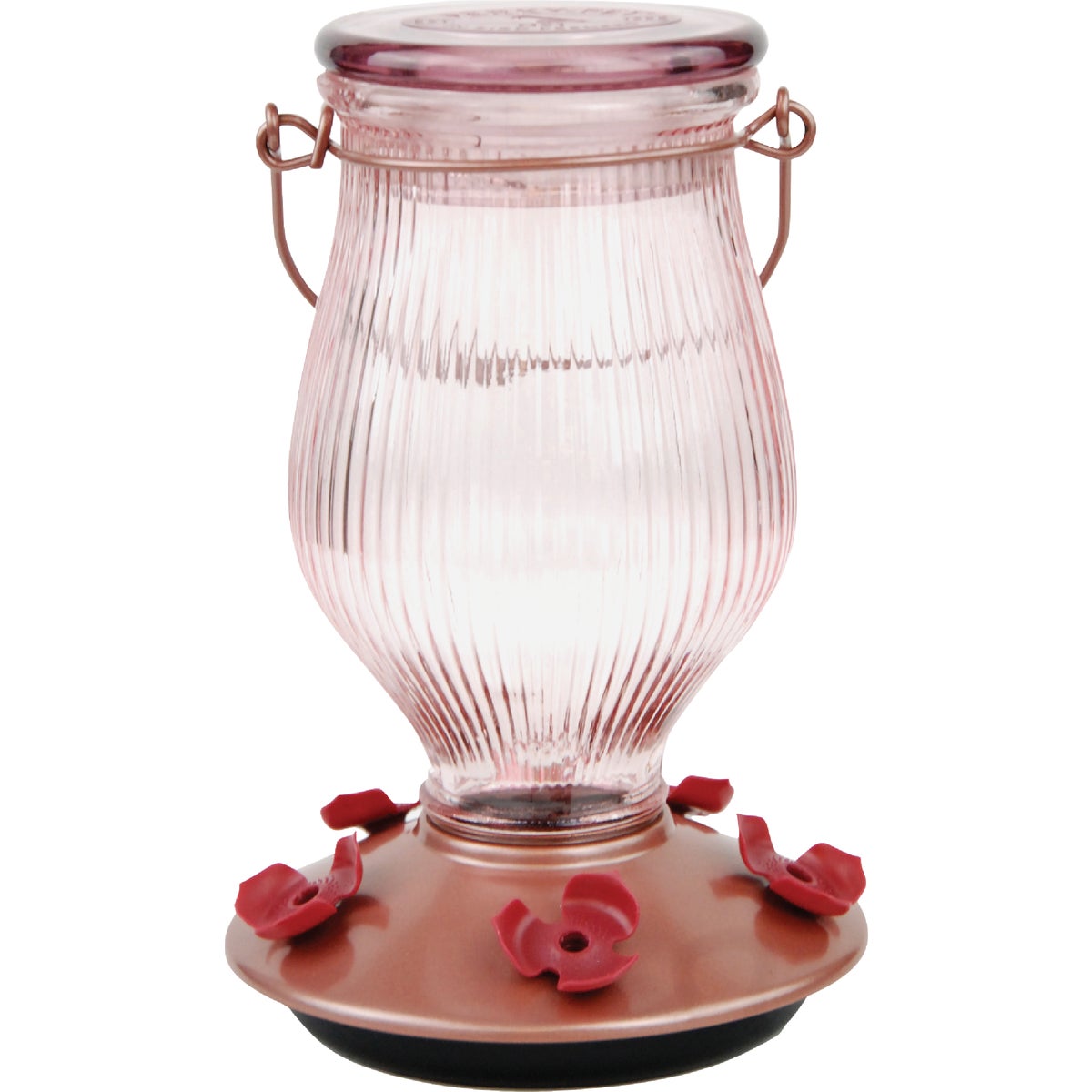 Item 700466, Large capacity glass bottle with decorative brushed copper cap and basin.