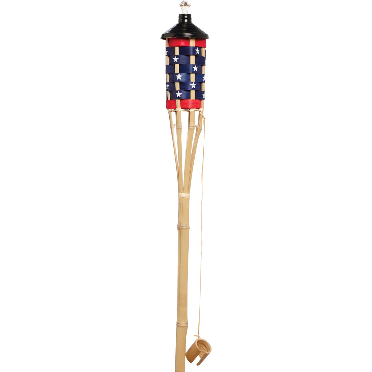 Item 700485, Bamboo patio torch featuring a rattan weaved natural canister basket.
