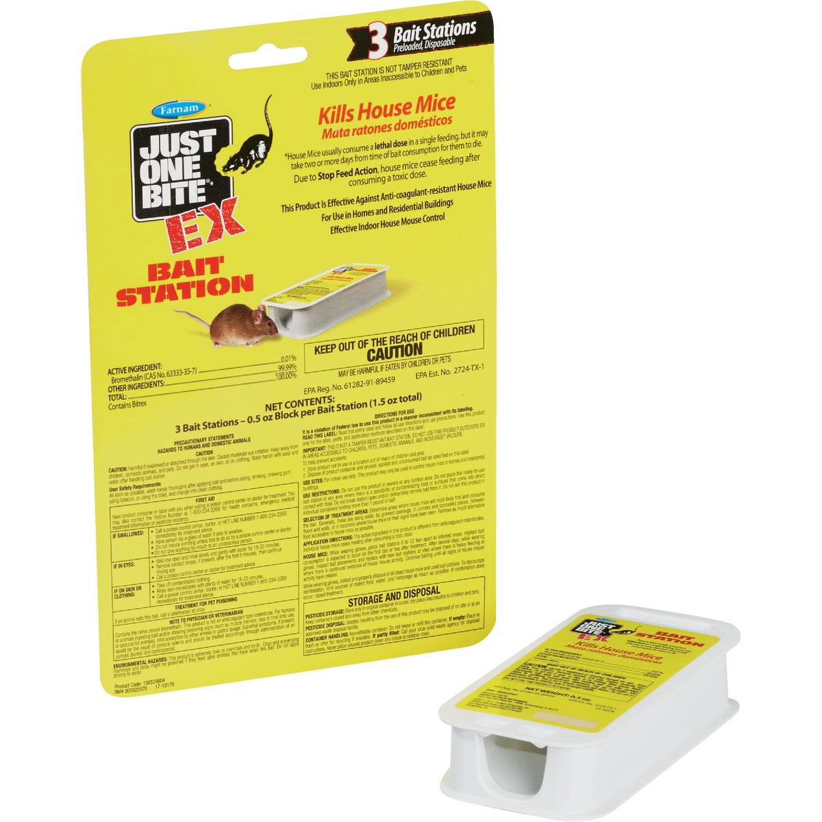 Item 700776, Effective indoor house mouse control with stop feed action.