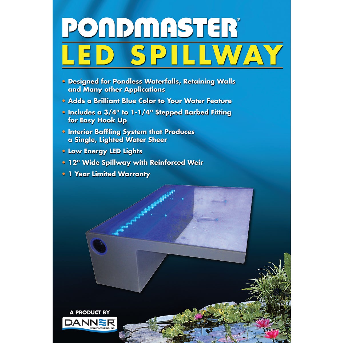 Item 700796, Waterfall spillway with blue LED (light emitting diodes) lights for glowing