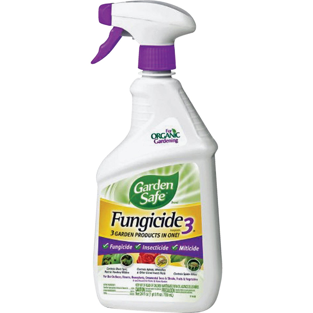 Item 702454, 3 garden products in 1: Fungicide, insecticide, and miticide.