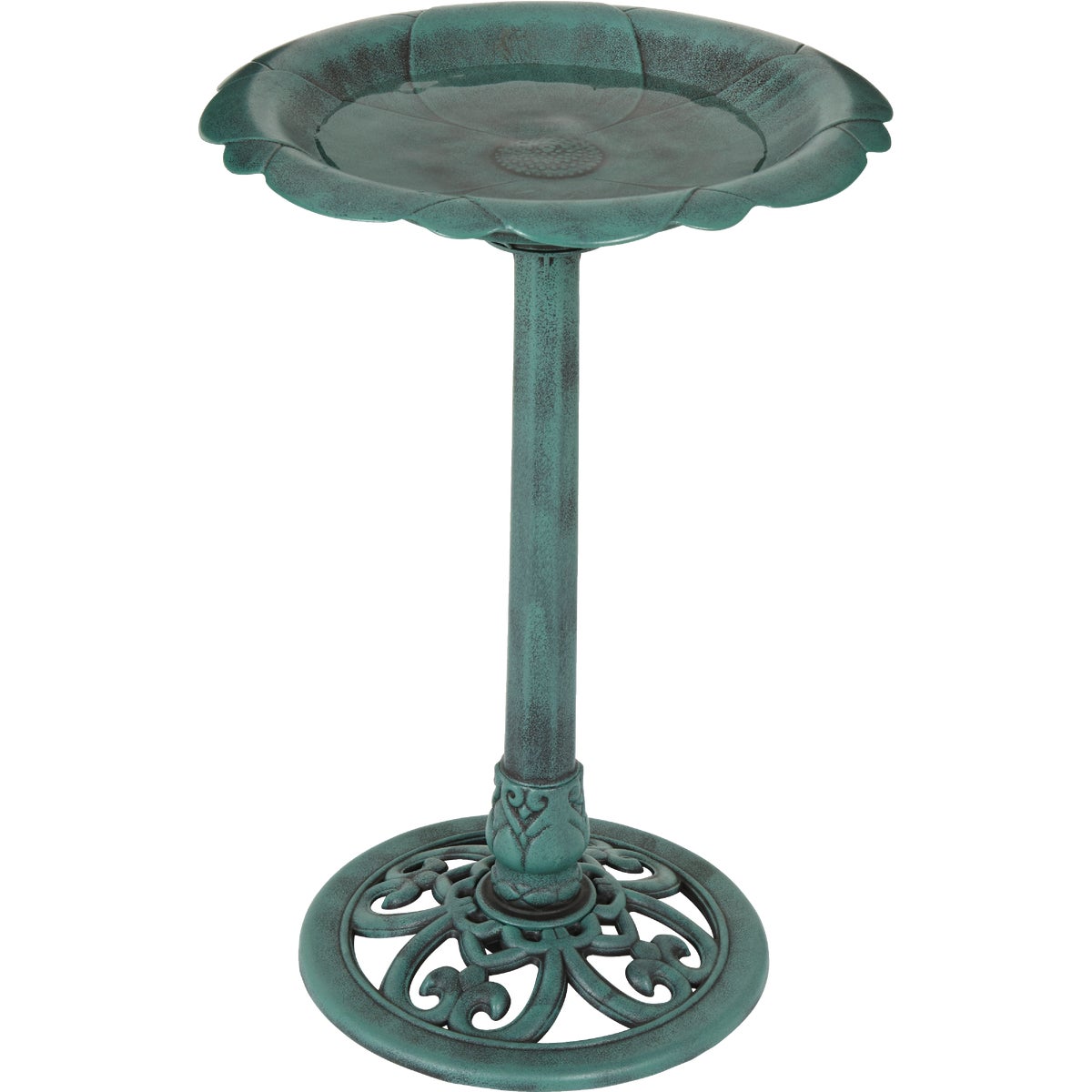 Item 703318, Flower design bird bath is made of weather resistant poly resin with an 