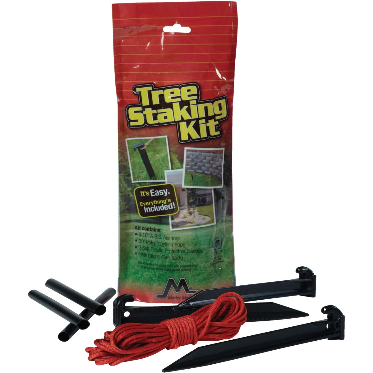 Item 703523, Tree stake kit. Includes stakes, protective sleeve, and rope.