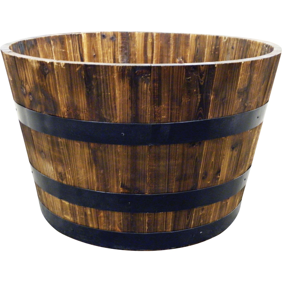 Item 704178, Half barrel whiskey style large capacity planter.