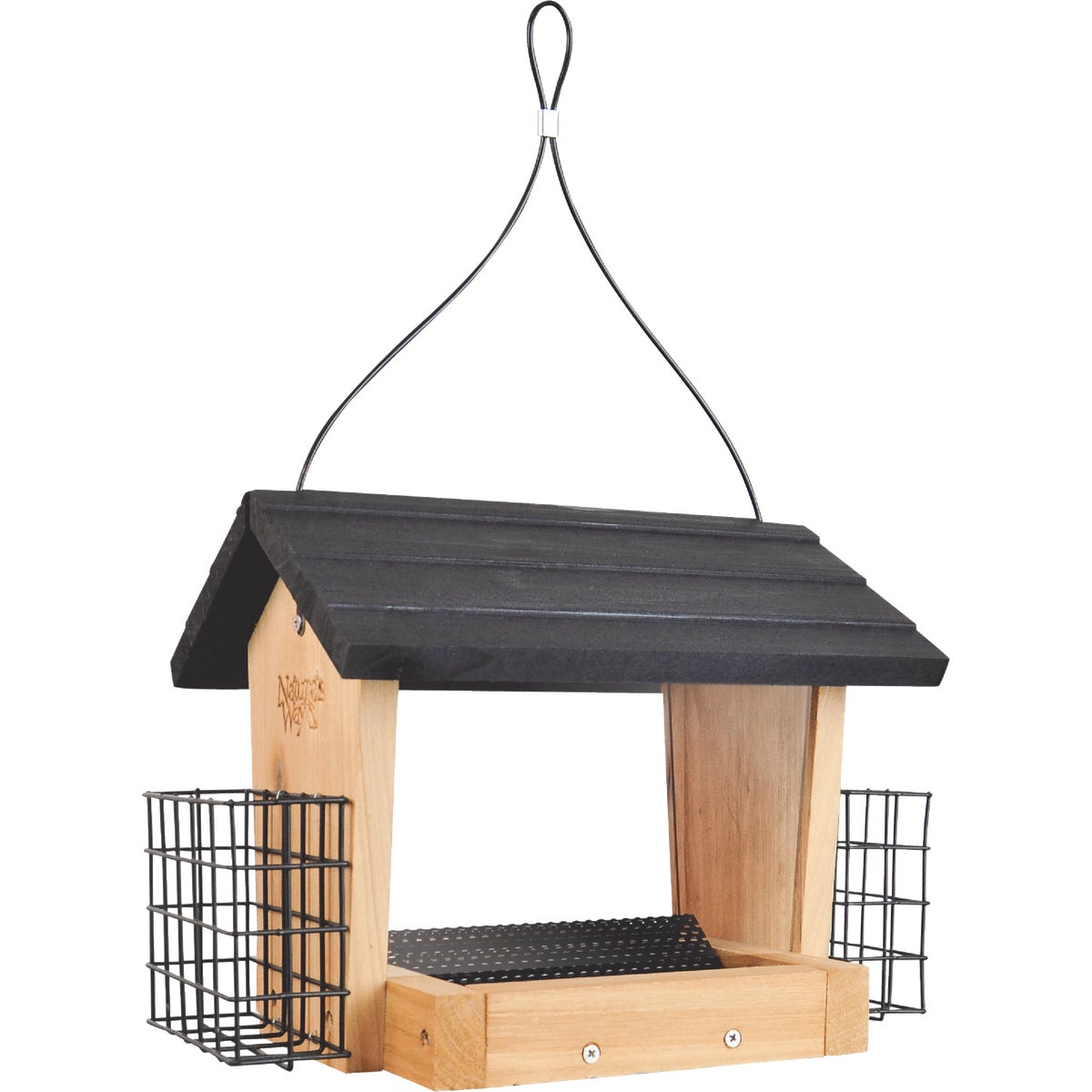 Item 704631, Hopper feeder with 2 suet cages is made with insect and rot resistant 
