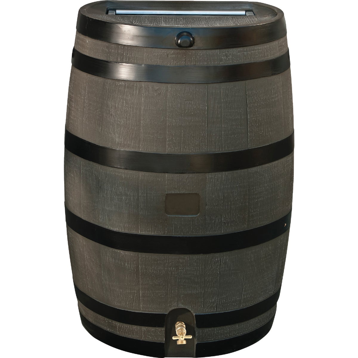 Item 704659, Woodgrain-look polyehtylene rain barrel with brass spigot.