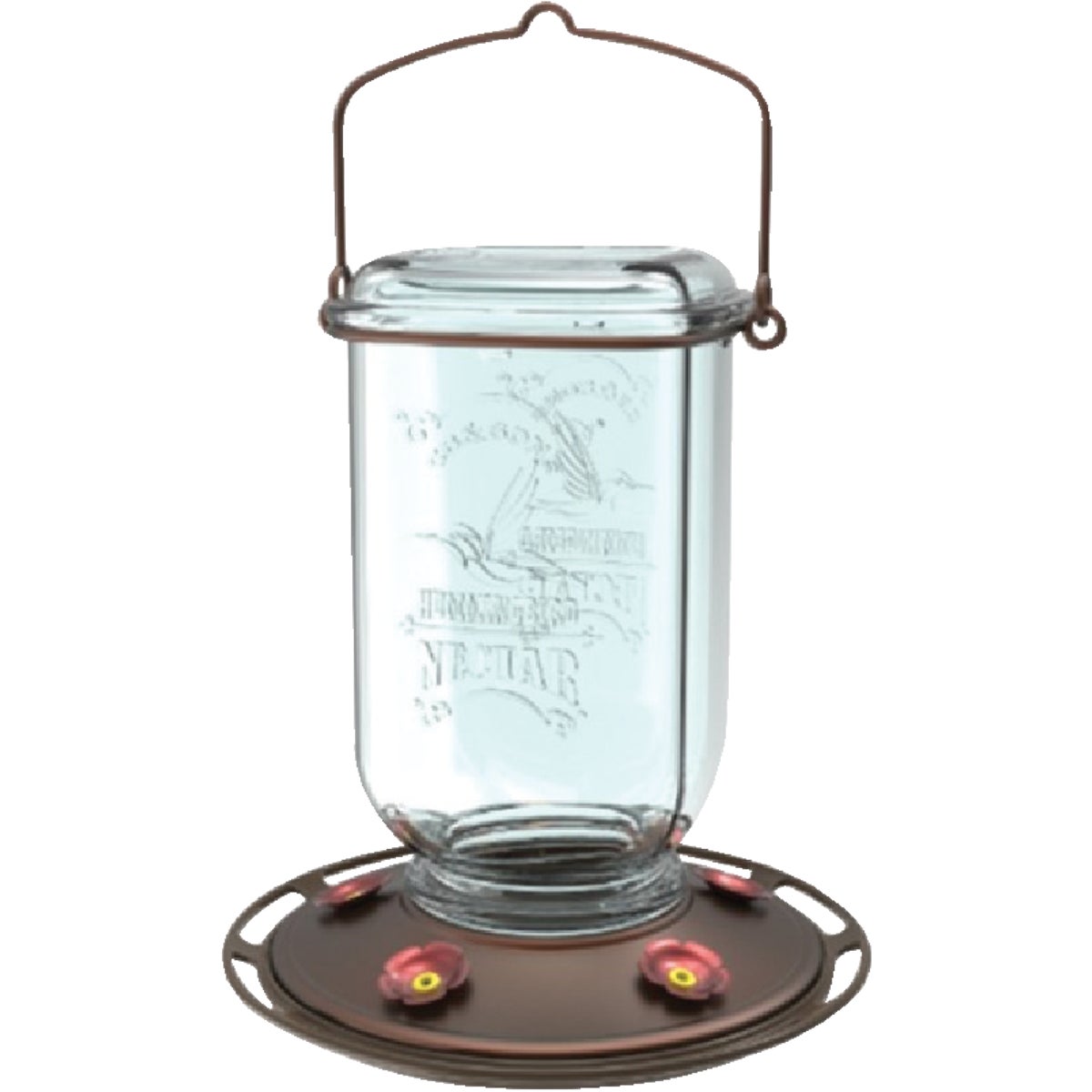 Item 704772, Square glass mason jar has a rustic metal finish and 5 integrated metal 