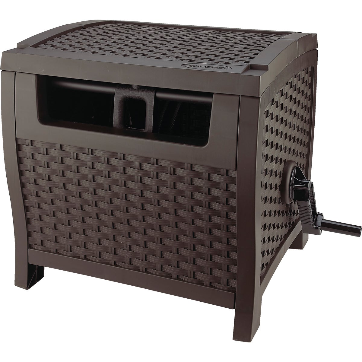 Item 705170, Durable contemporary wicker design conceals hose and reel.