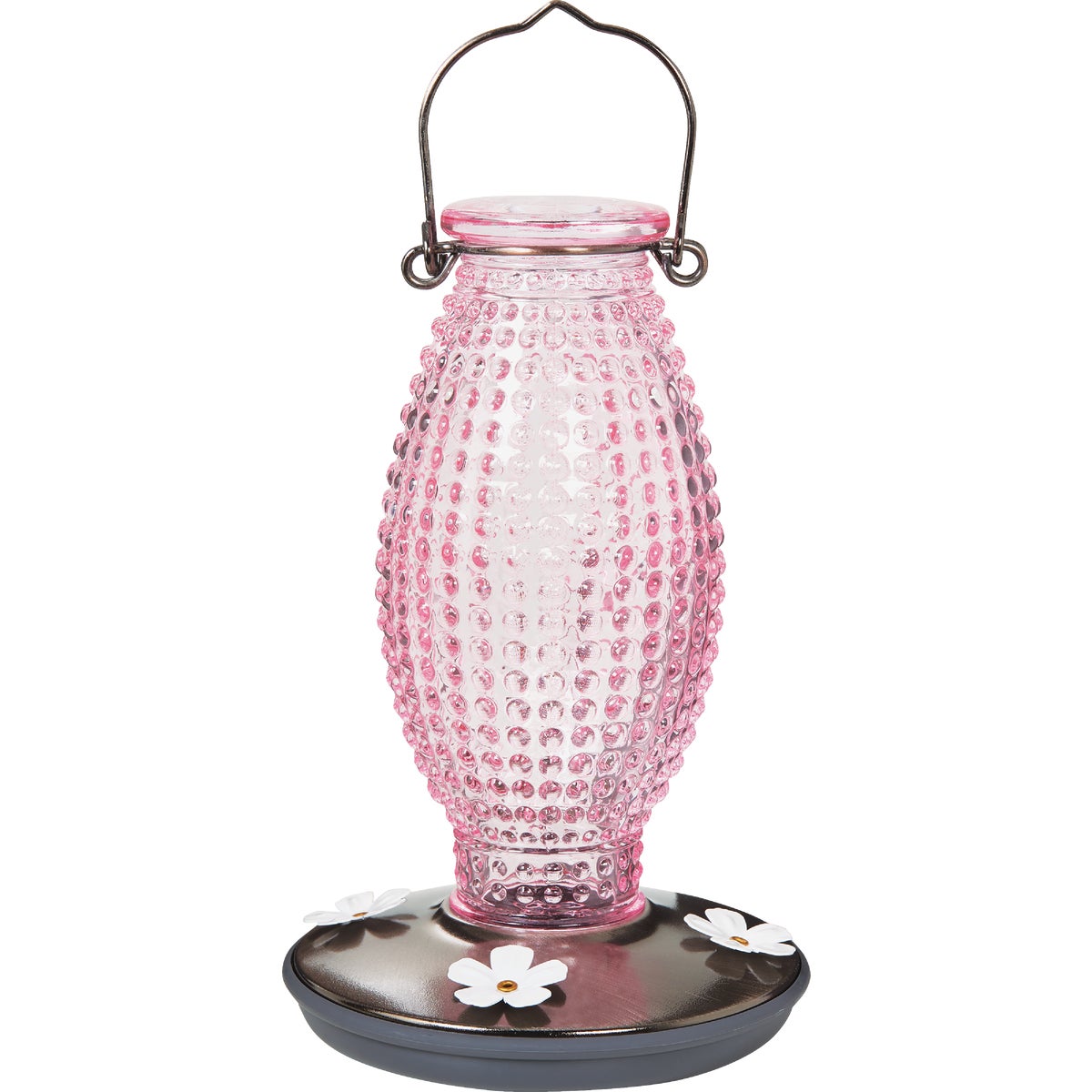 Item 705425, Vintage cranberry hobnail hummingbird feeder has a glass bottle with a pale