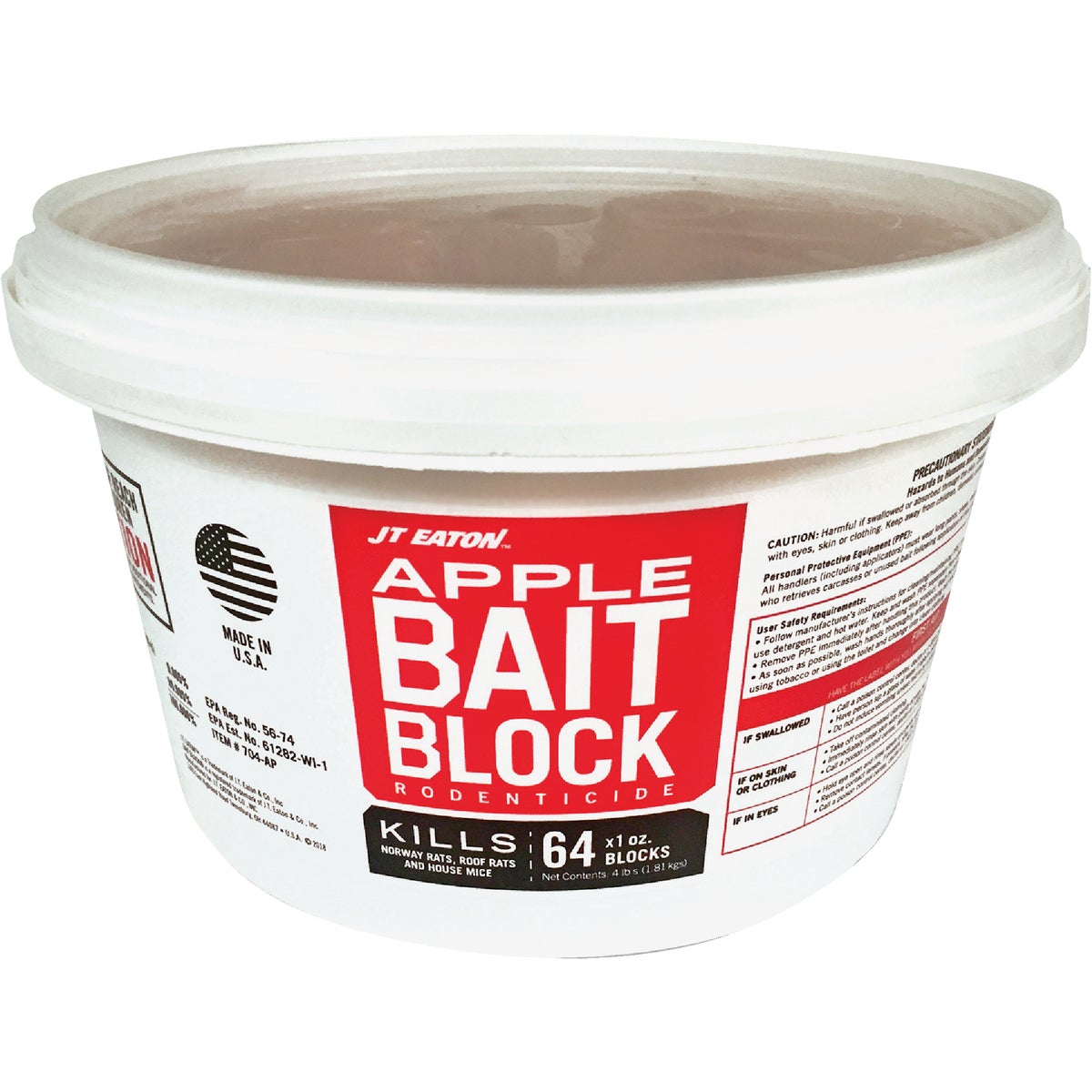 Item 705688, Apple flavored bait block. Features a tamper evident resealable pail.