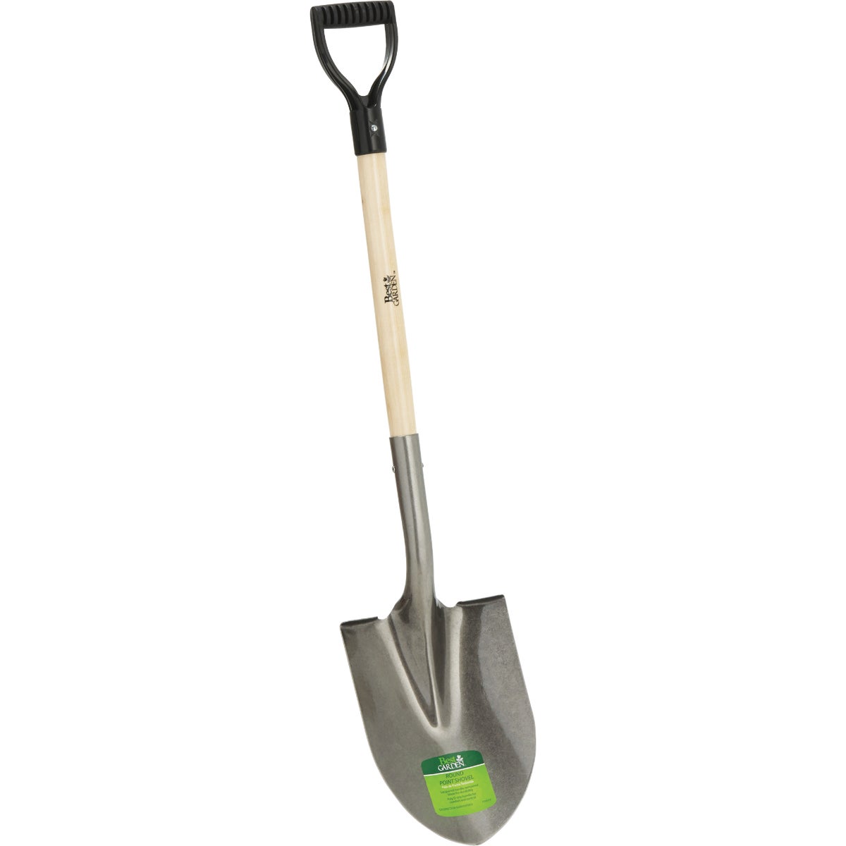 Item 709557, Clear lacquered, round point shovel with solid wood handle and a poly D-