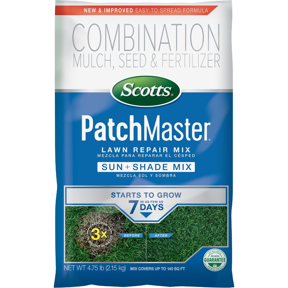Item 712651, Scotts PatchMaster Lawn Repair Mix Sun + Shade Mix comes pre-mixed to make 