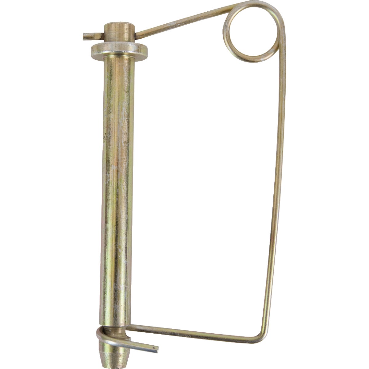 Item 716274, Yellow zinc plated hitch pin with spring wire swivel handle.