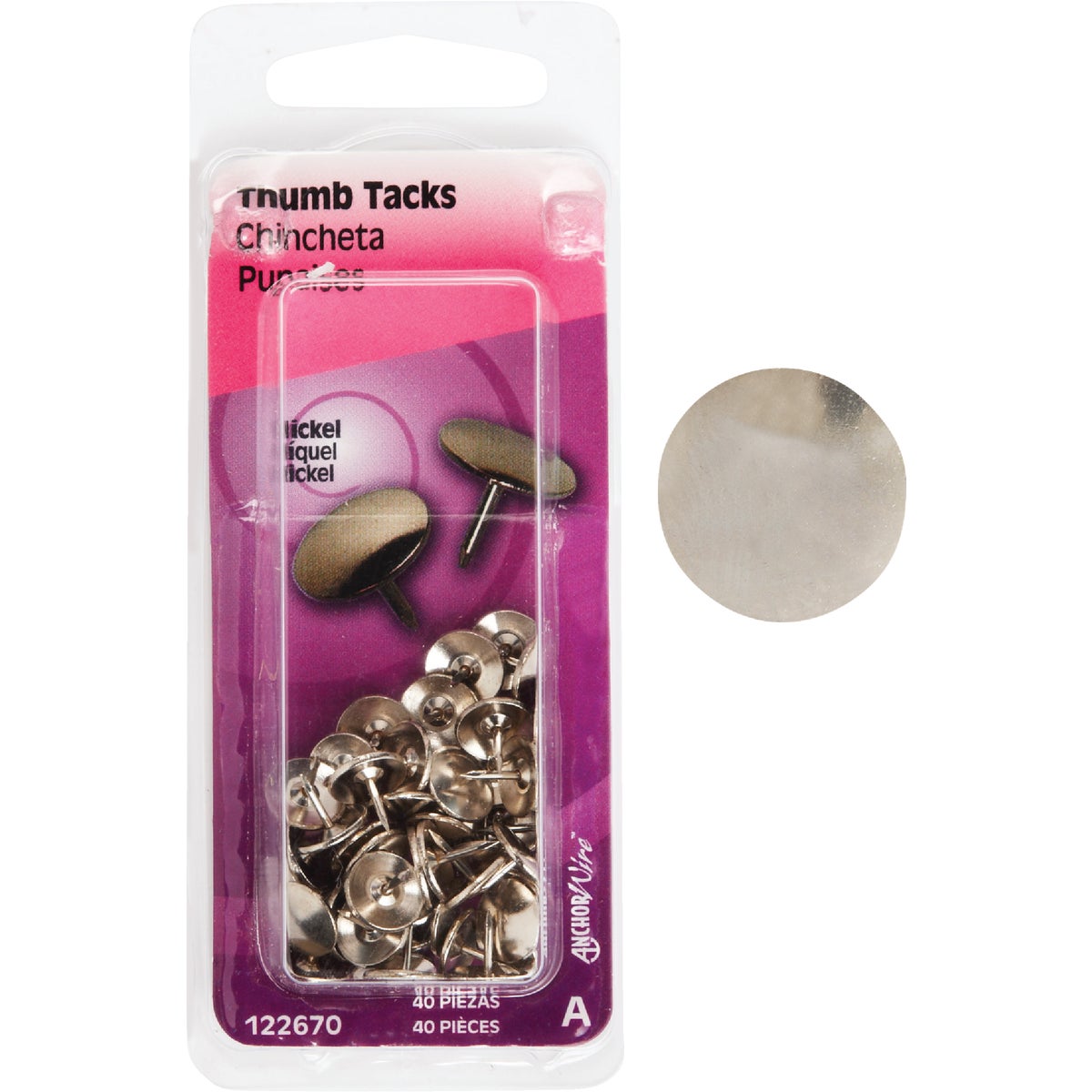 Item 723578, Nickel Thumb Tacks are sharp-pointed with a smooth, round head that can be 