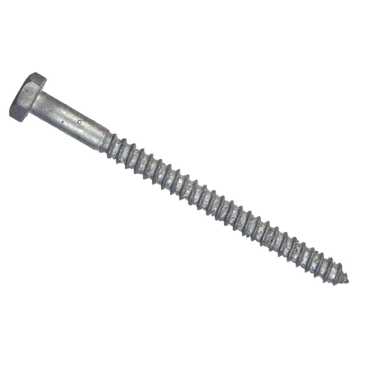 Item 723894, Hot galvanized lag screw with hex head and gimlet point.