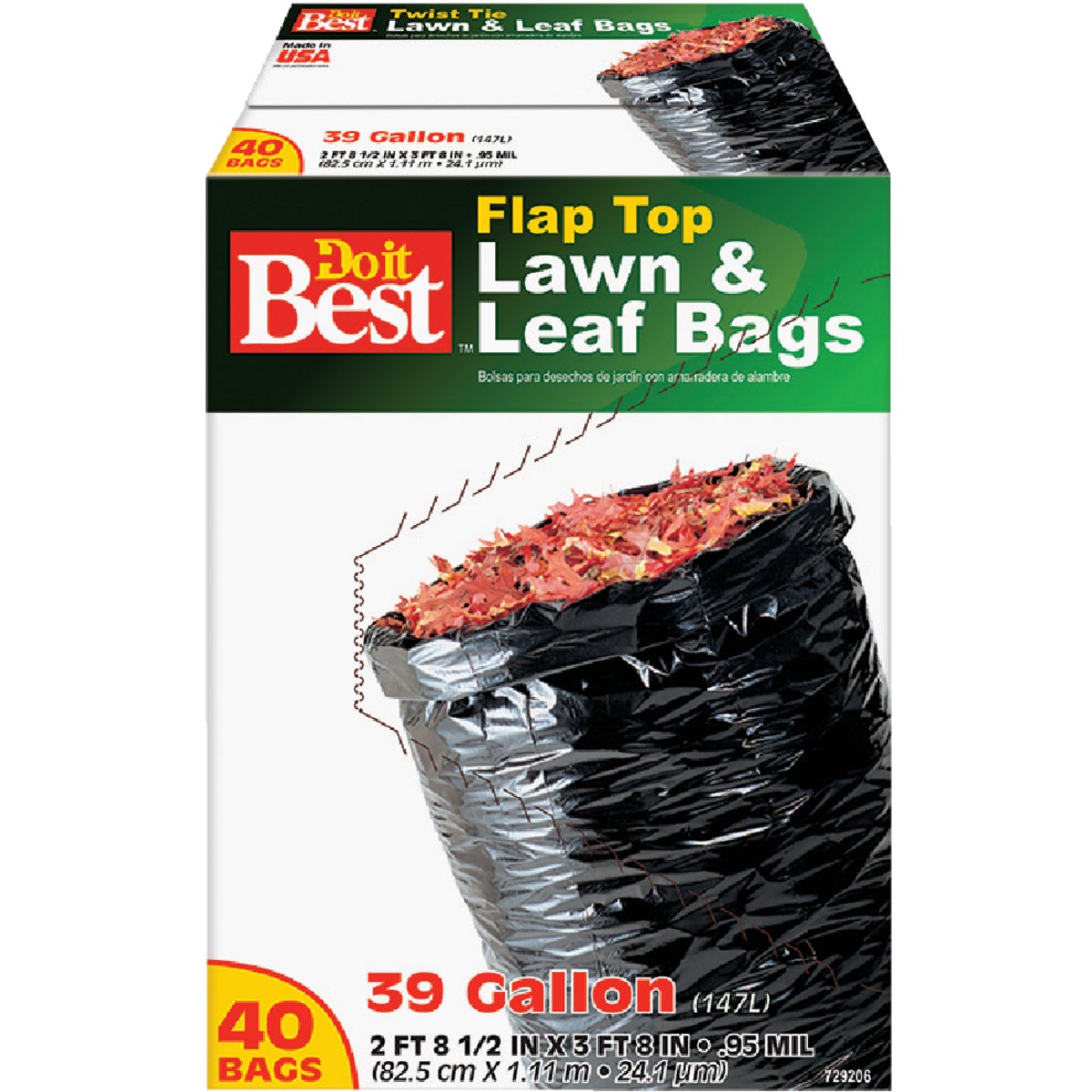 Item 729206, Lawn &amp; leaf bag fits up to a 39-gallon can. Flap tie closure.