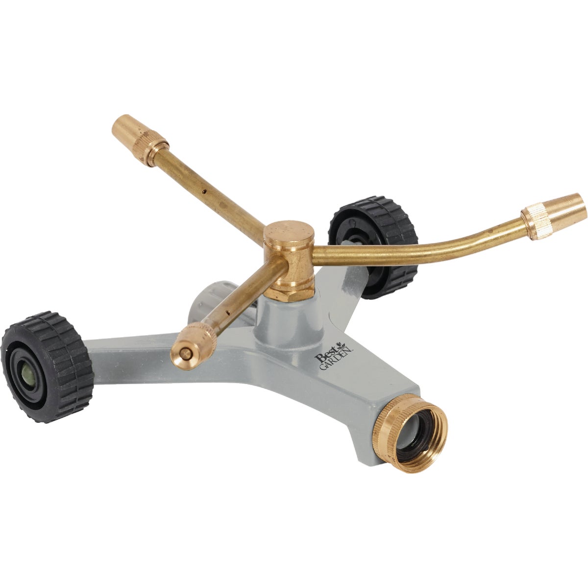 Item 732062, Brass 3-arm rotary sprinkler on a small wheel base.