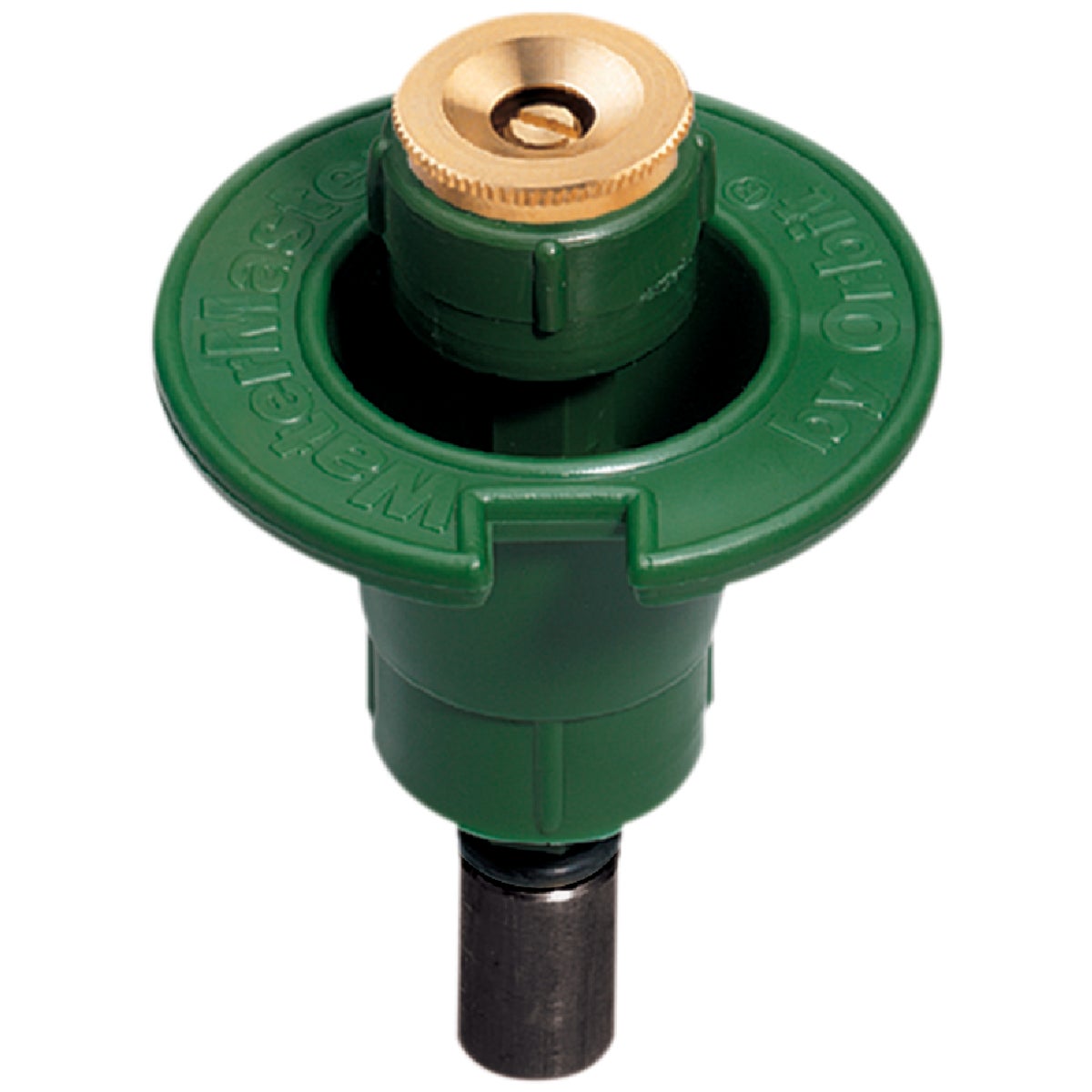 Item 734632, Plastic pop-up sprinkler head with a solid brass insert nozzle.