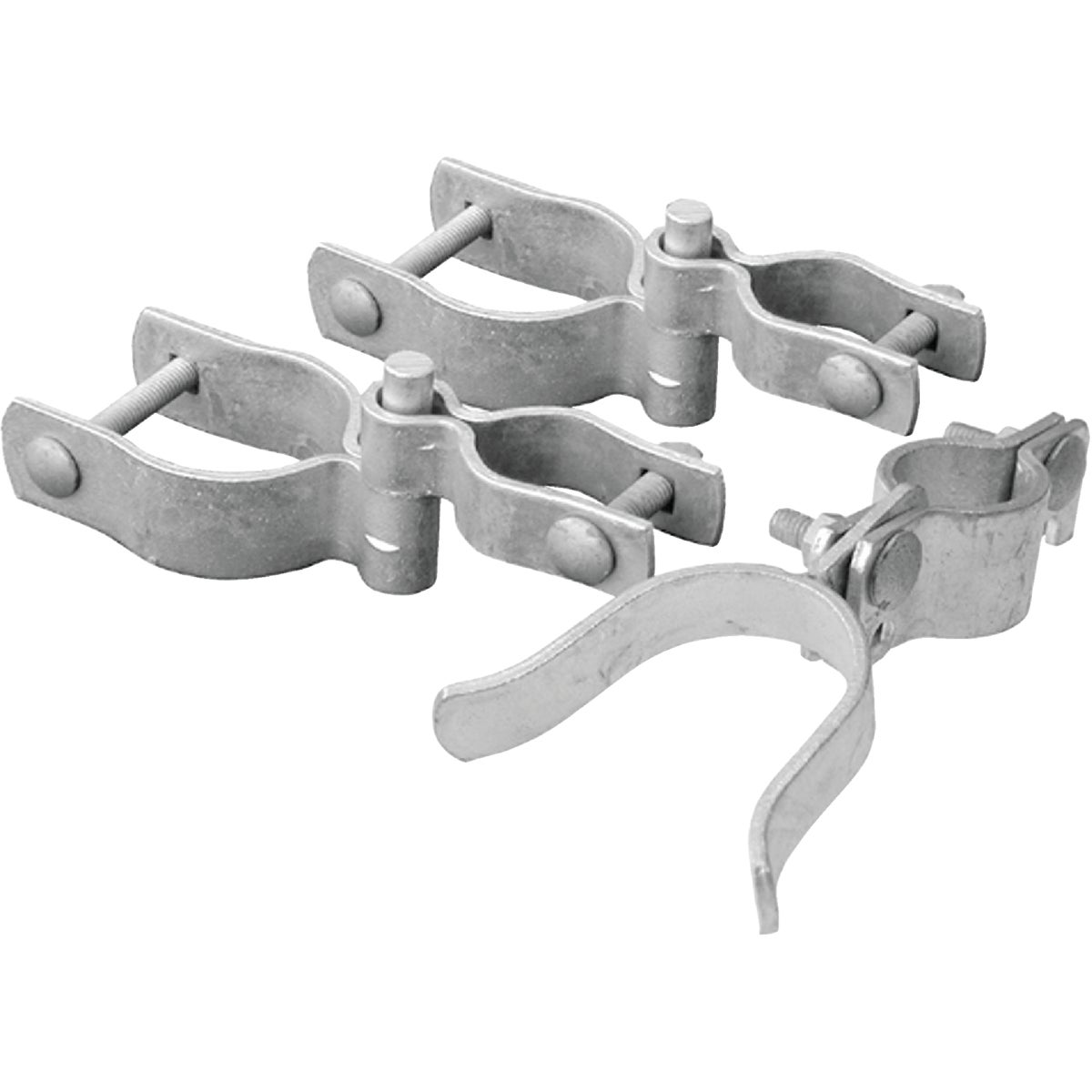 Item 736678, Galvanized steel kit includes 2 gate frame hinges, 2 post hinges, 1 fork 