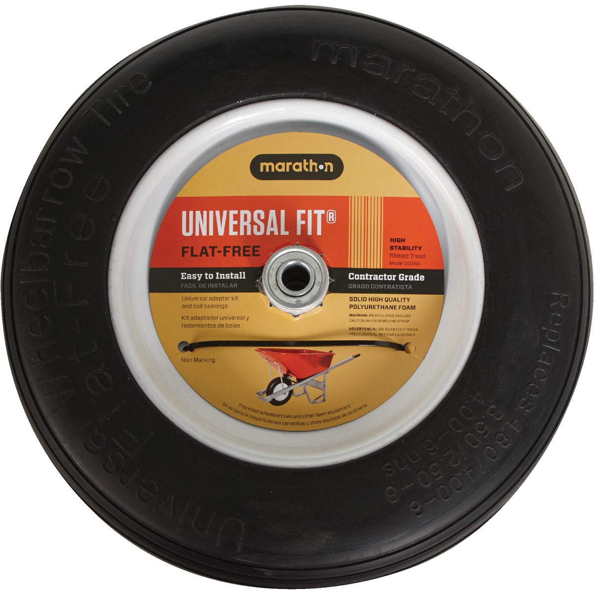 Item 736855, Universal fit polyurethane flat free wheelbarrow tire comes with a 3 In.