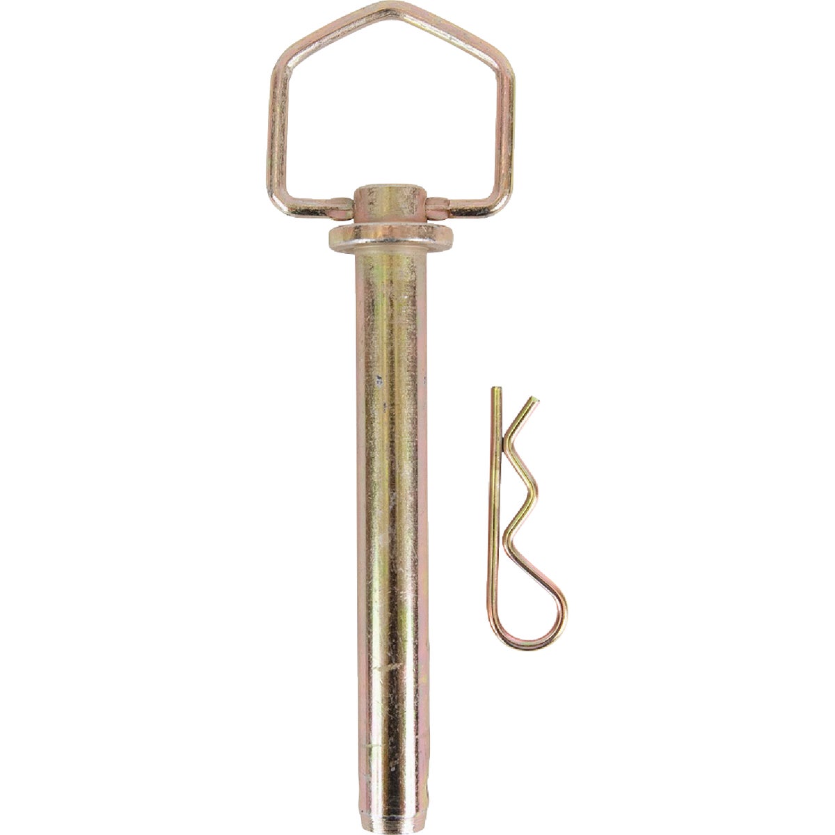 Item 738376, Yellow zinc plated hitch pin with spring wire swivel handle.
