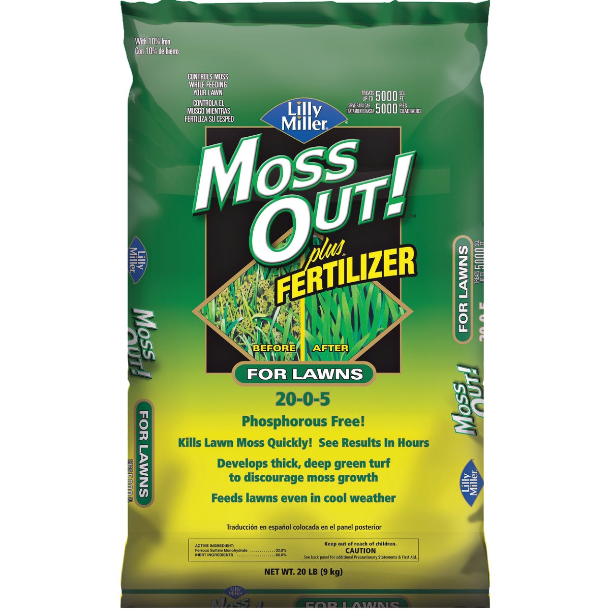 Item 750814, Moss control plus lawn fertilizer. 20-0-5 formulation, phosphorus free.