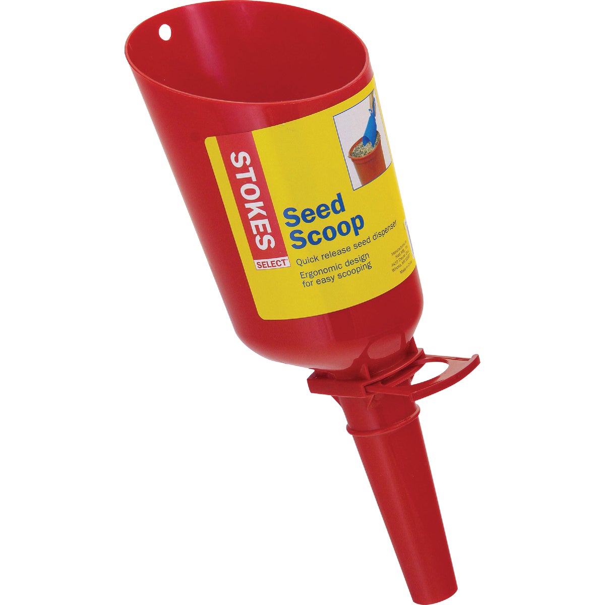 Item 758183, Quick release seed dispenser with ergonomic design for easy scooping.