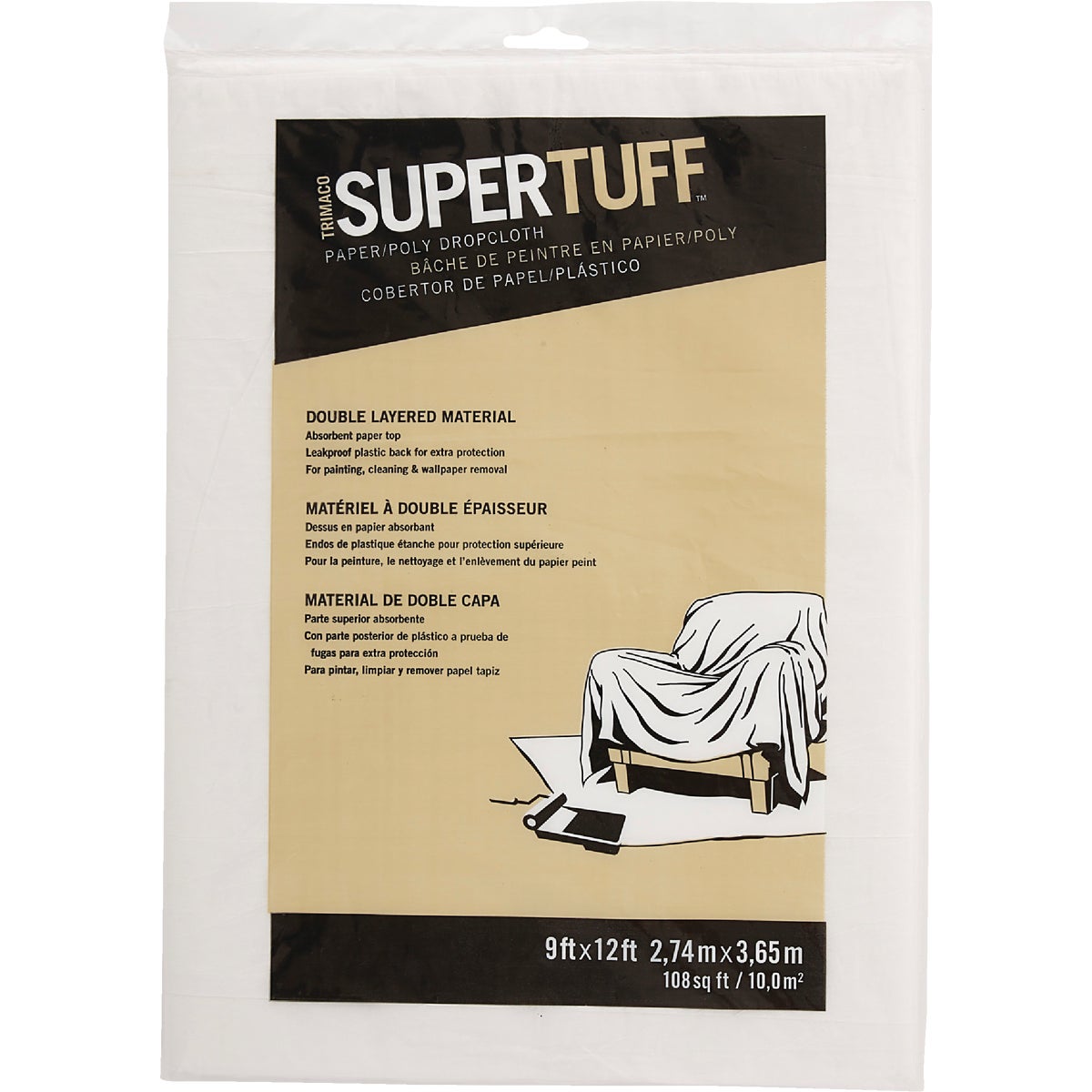 Item 770973, Trimaco's SuperTuff Paper/Poly drop cloth is made of white tissue laminated